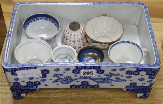 A Japanese blue and white flower trough and other Oriental ceramics L.33cm